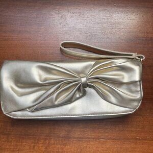 Metallic Gold Faux Leather Wristlet Clutch with Bow – Evening / Holiday Bag